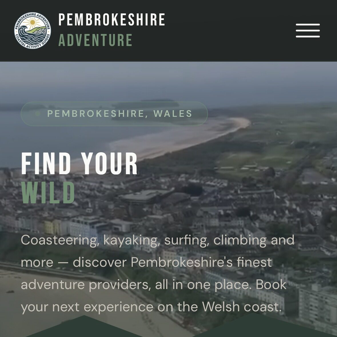 Pembrokeshire Adventure website showing a map to explore surfing, kayaking, coasteering and other outdoor activities in Pembrokeshire, Wales.